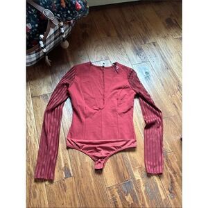 Blanc Sexy Ribbed Sleeve Rust Red Bodysuit deep v neck